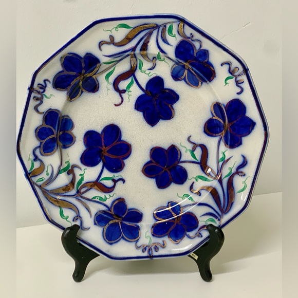 19th Century Vtg Gaudy Ironstone 10 Sided Flow Blue Copper Lusterware Plate - Picture 3 of 15